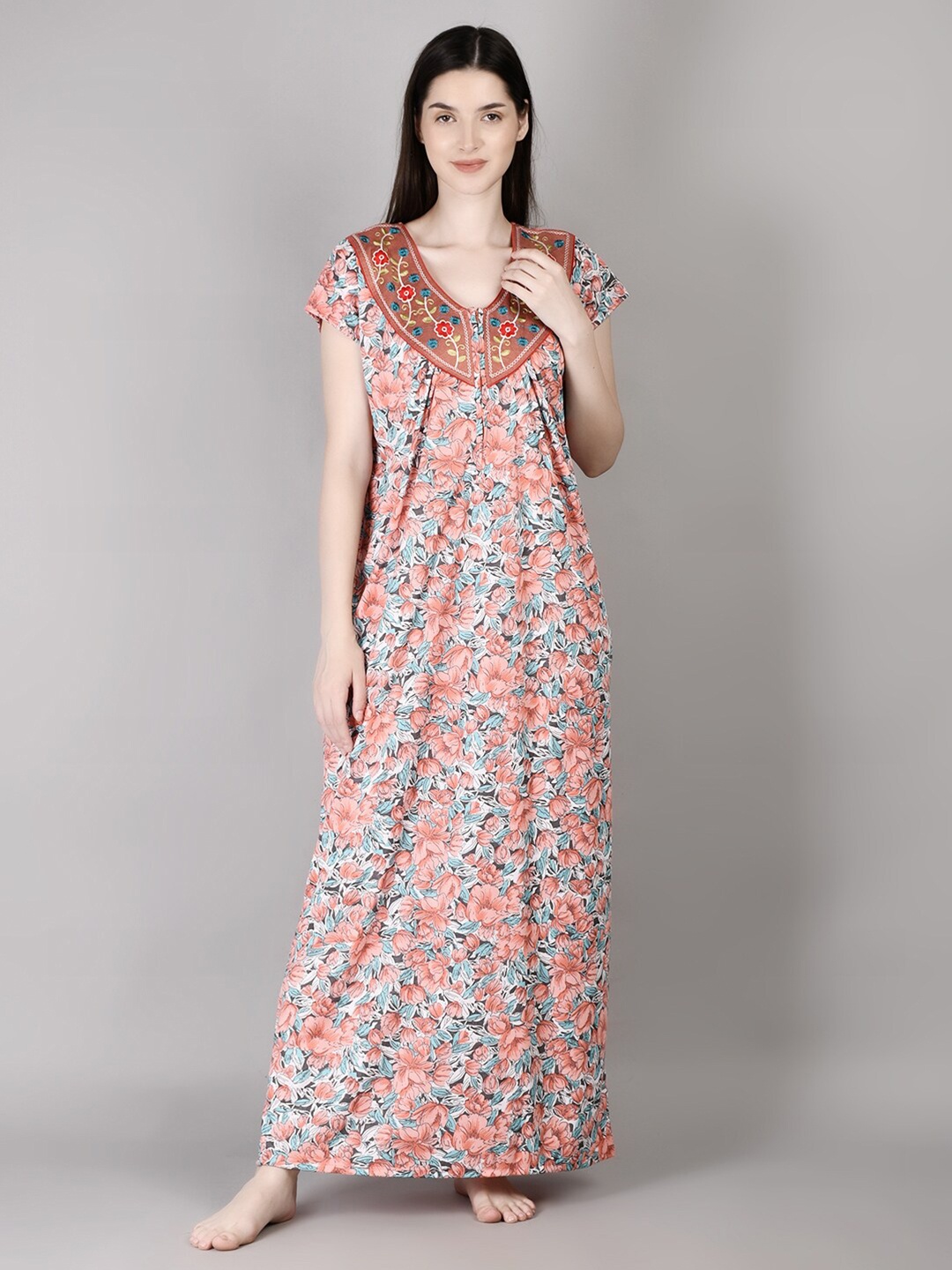 

Noty Floral Printed V-Neck Maxi Nightdress, Orange