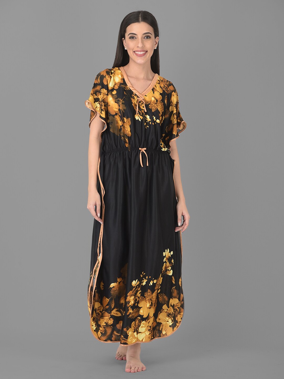 

Noty Floral Printed V-Neck Kaftan Maxi Nightdress, Black