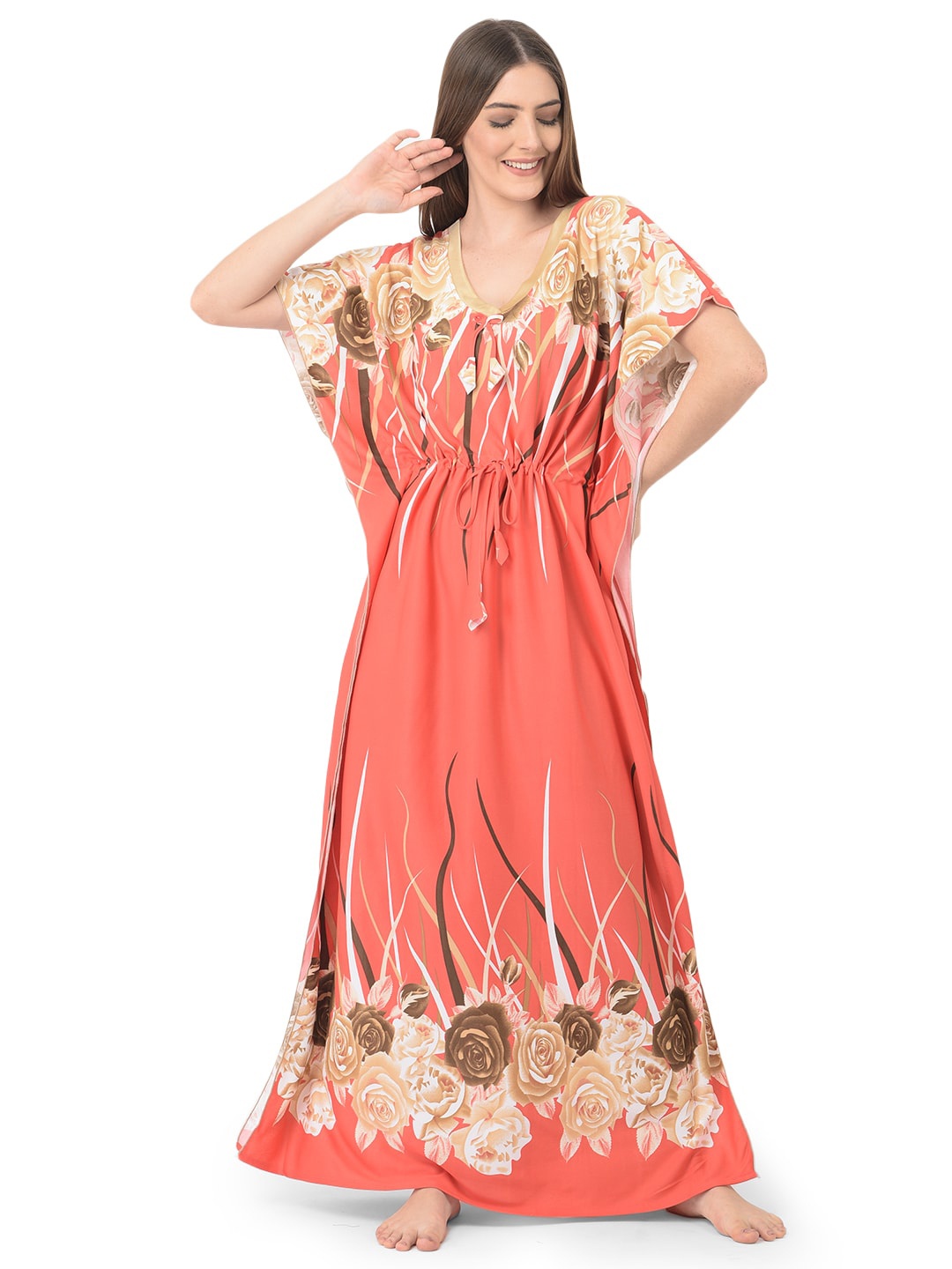 

Noty Floral Printed V-Neck Maxi Kaftan Nightdress, Orange