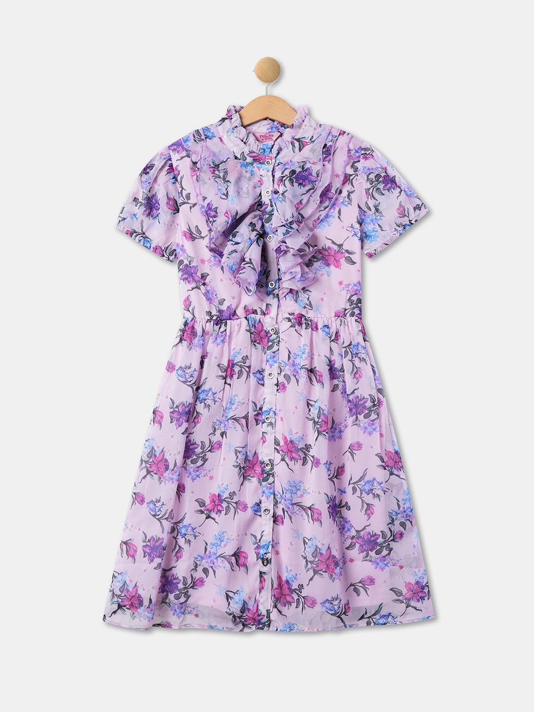 

R&B Girls Floral Printed Mandarin Collar Ruffled Fit & Flare Midi Dress, Pink