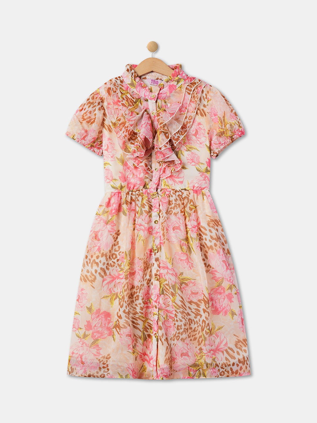 

R&B Girls Floral Printed Mandarin Collar Ruffled Fit & Flare Midi Dress, Beige