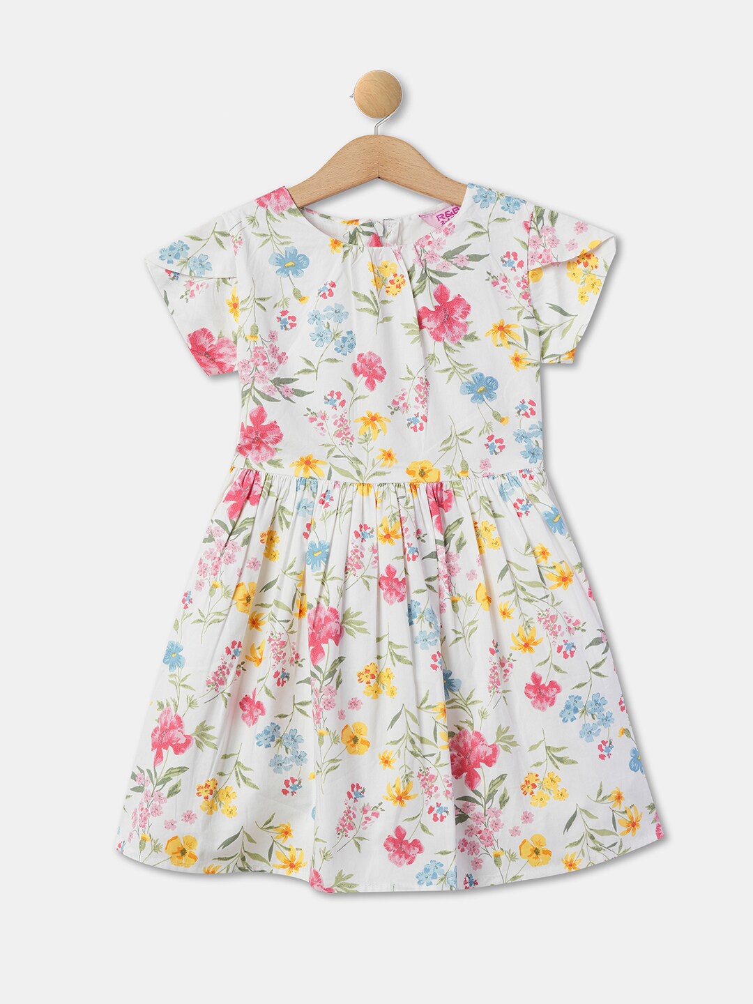 

R&B Girls Floral Printed Round Neck Gathered Cotton Fit & Flare Dress, White