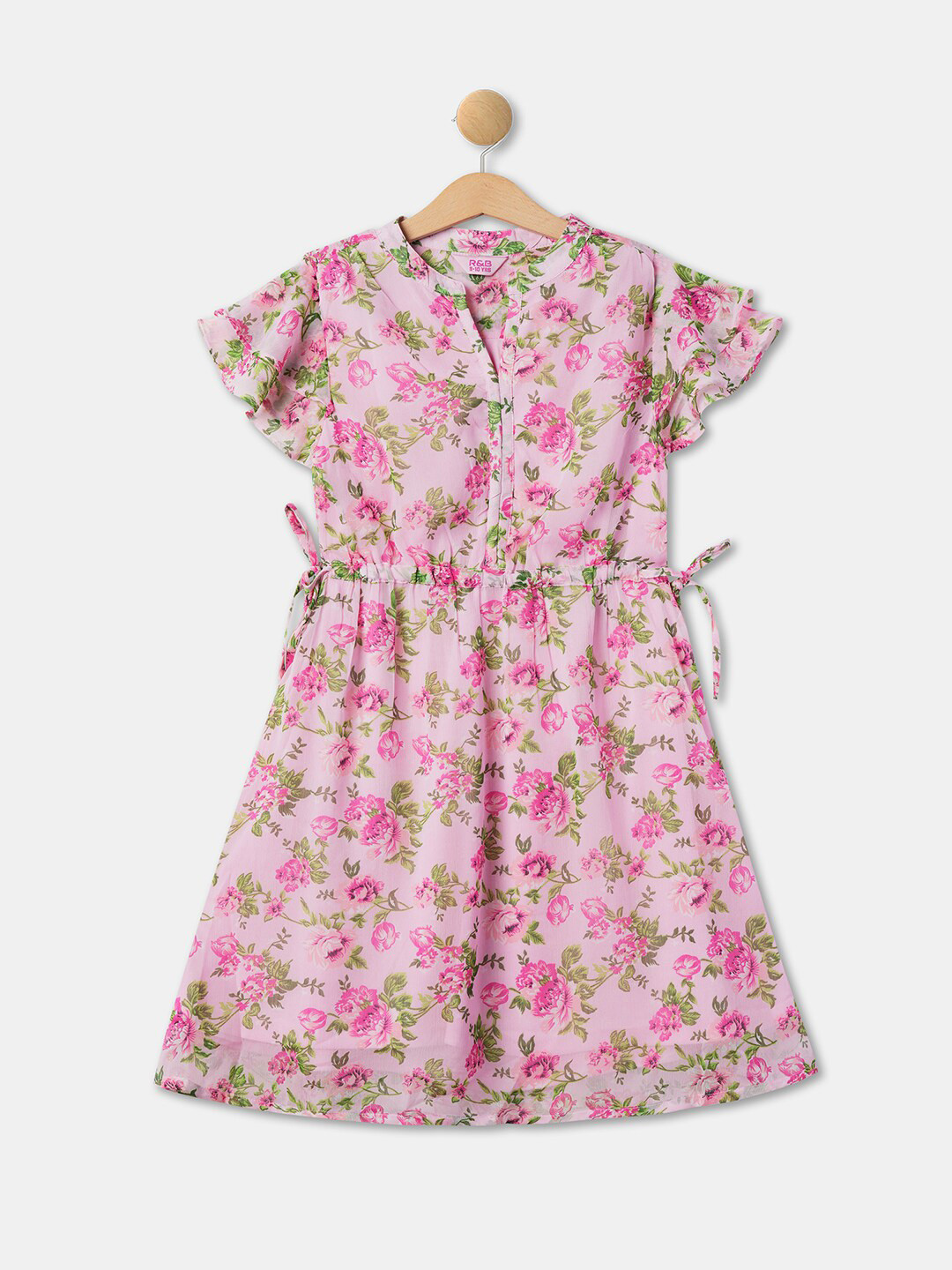 

R&B Girls Floral Printed Mandarin Collar Fit & Flare Dress, Pink
