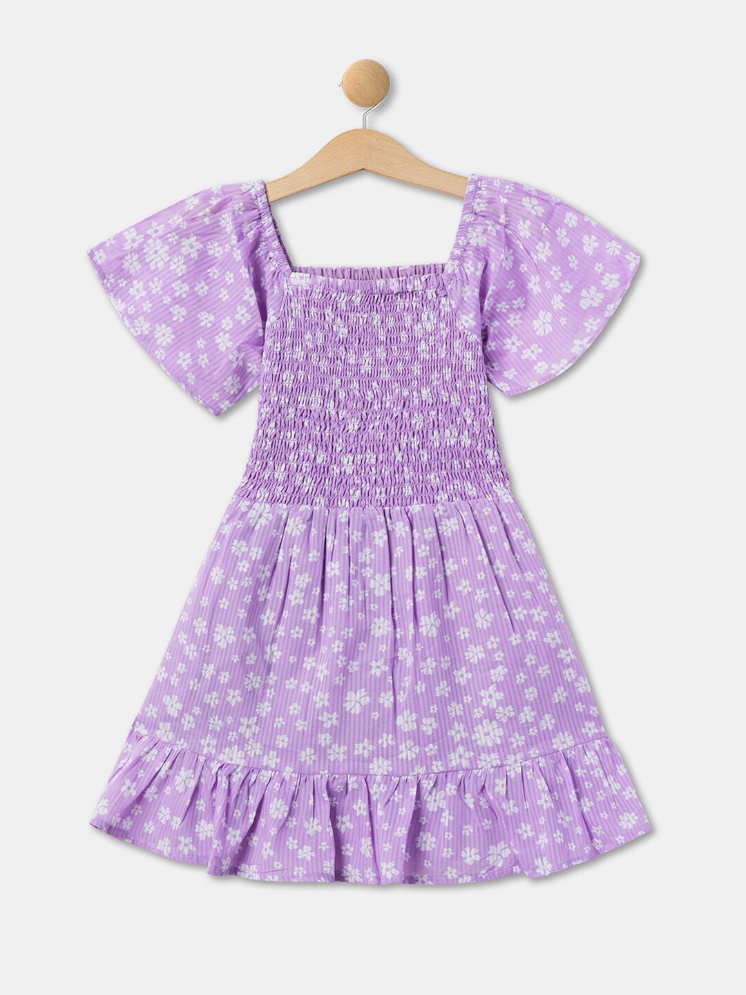 

R&B Girls Floral Printed Smocked Detailed Cotton Fit & Flare Dress, Purple
