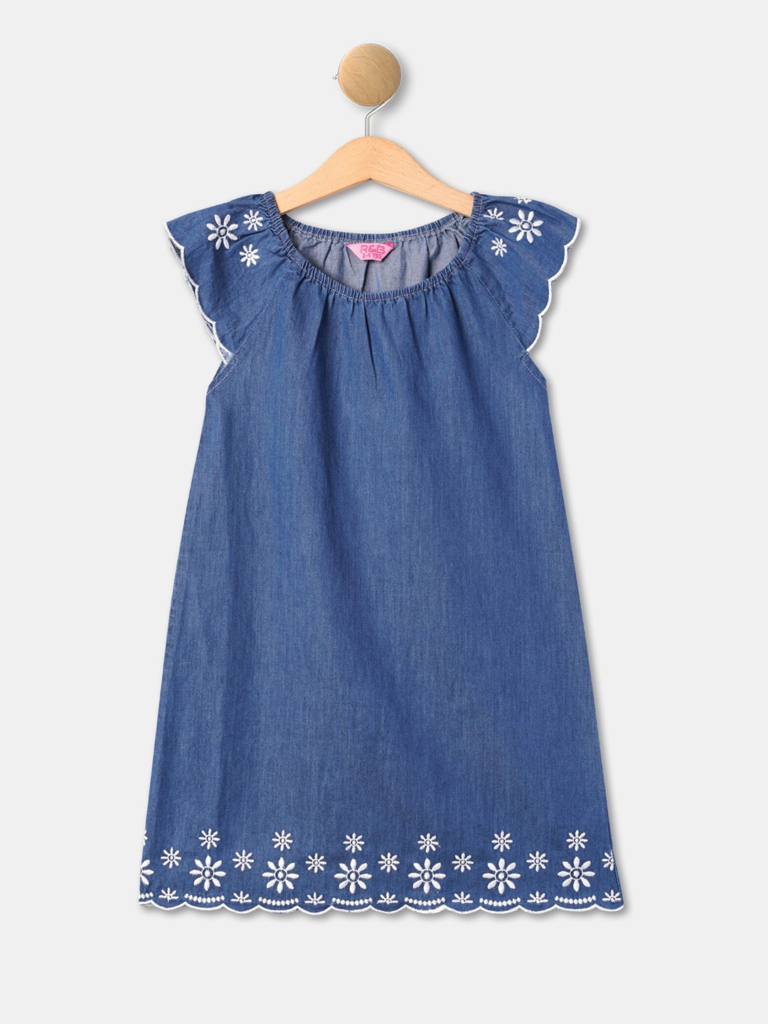 

R&B Girls Cap Sleeves Embroidered Detailed Cotton A-Line Dress, Blue