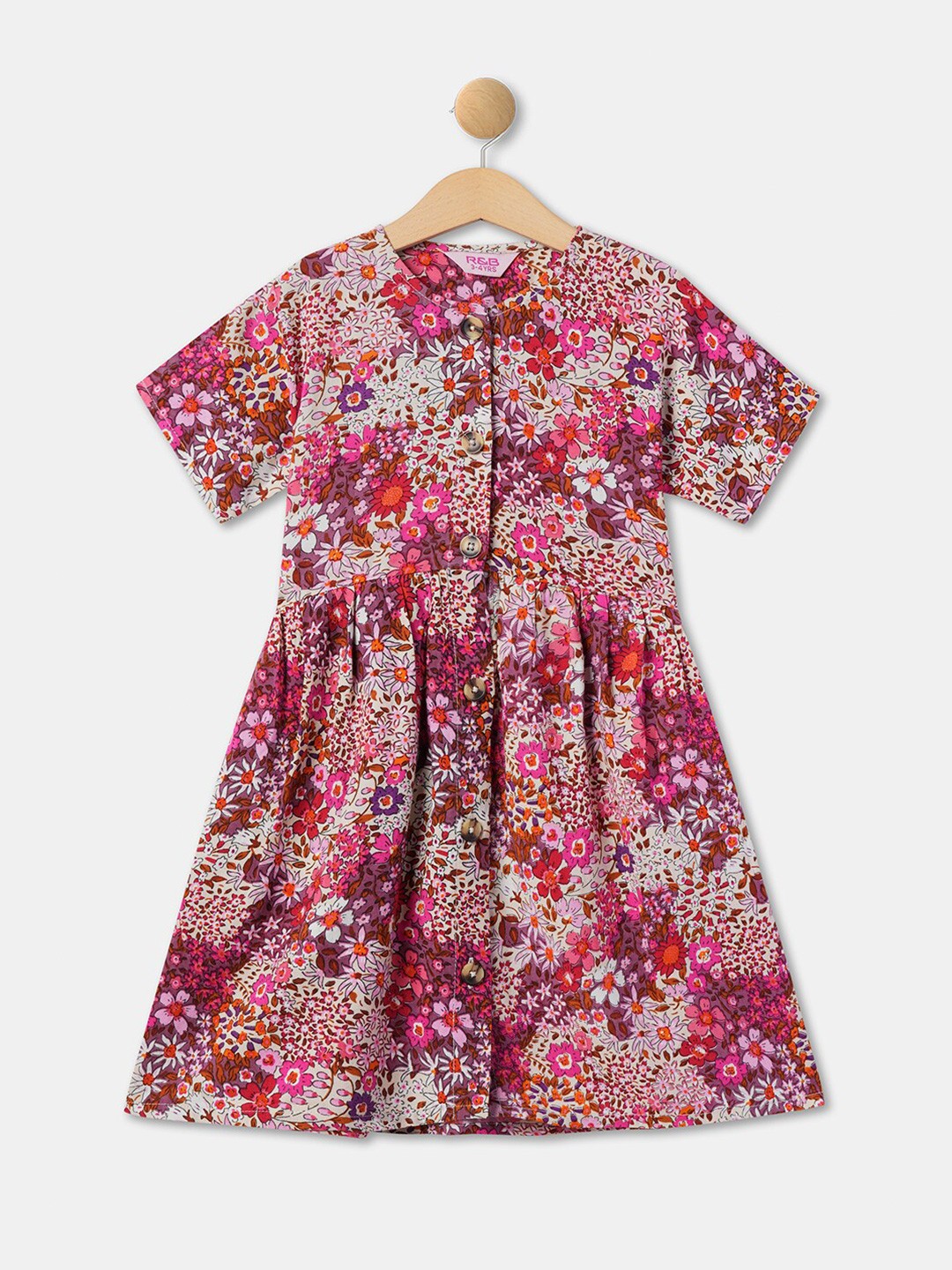 

R&B Girls Floral Printed Round Neck Cotton A-Line Dress, Pink