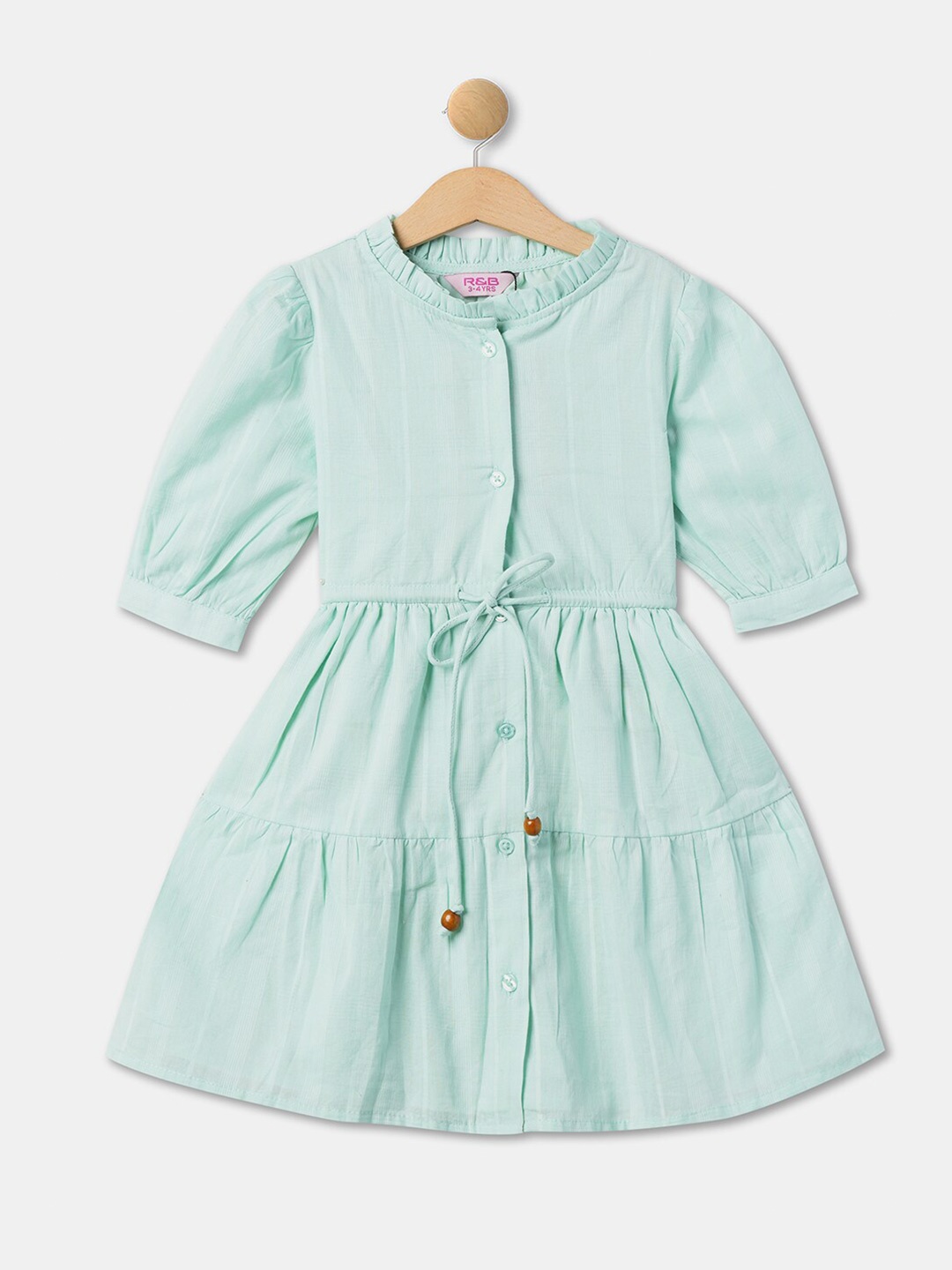 

R&B Girls Self Design Puff Sleeves Cotton Fit & Flare Dress, Green