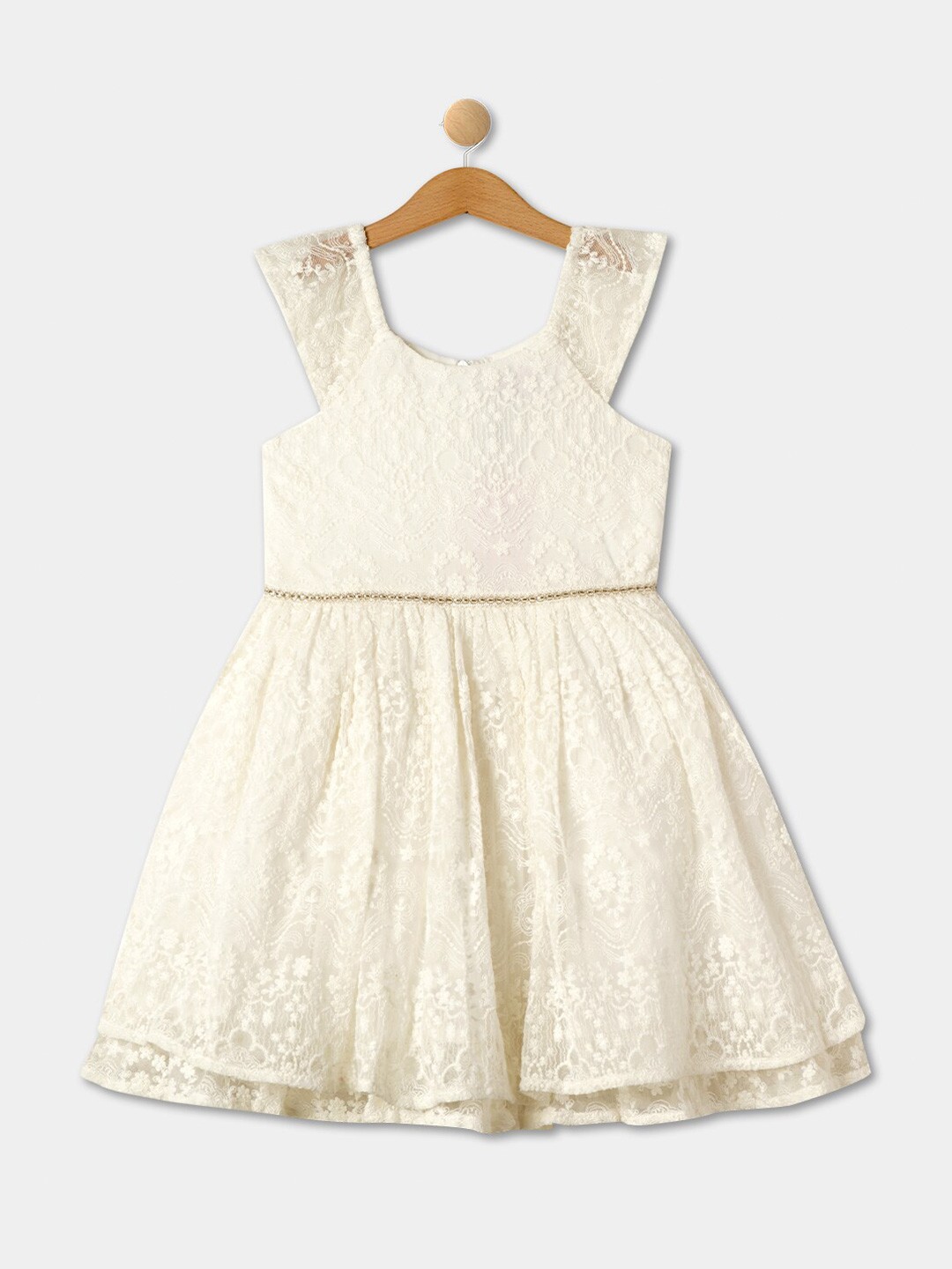 

R&B Girls Self Designed Round Neck Cotton Fit & Flare Dress, White