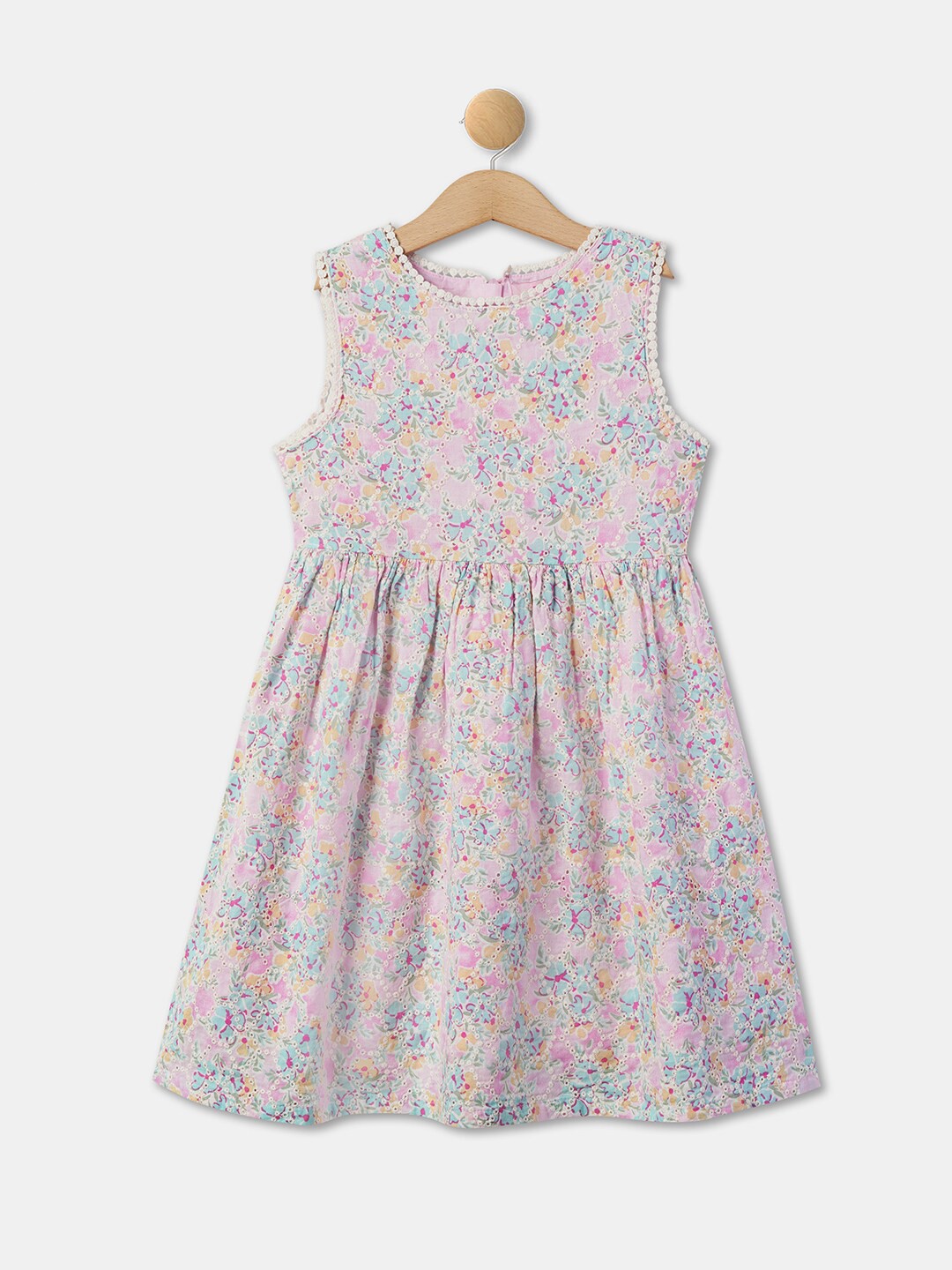 

R&B Girls Floral Printed Round Neck Cotton Fit & Flare Dress, Pink