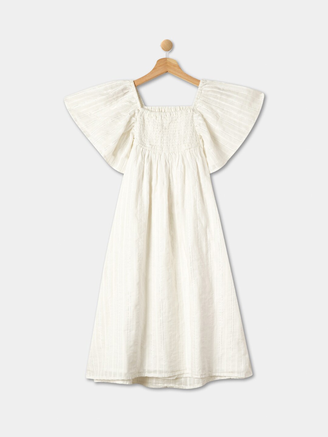 

R&B Girls Striped Square Neck Smocked Detailed Cotton A-Line Maxi Dress, White