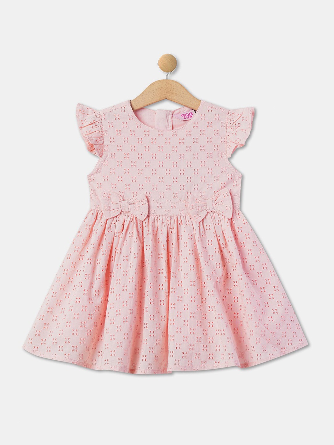 

R&B Cap Sleeve Bow Detail Schiffli Cotton A-Line Dress, Pink