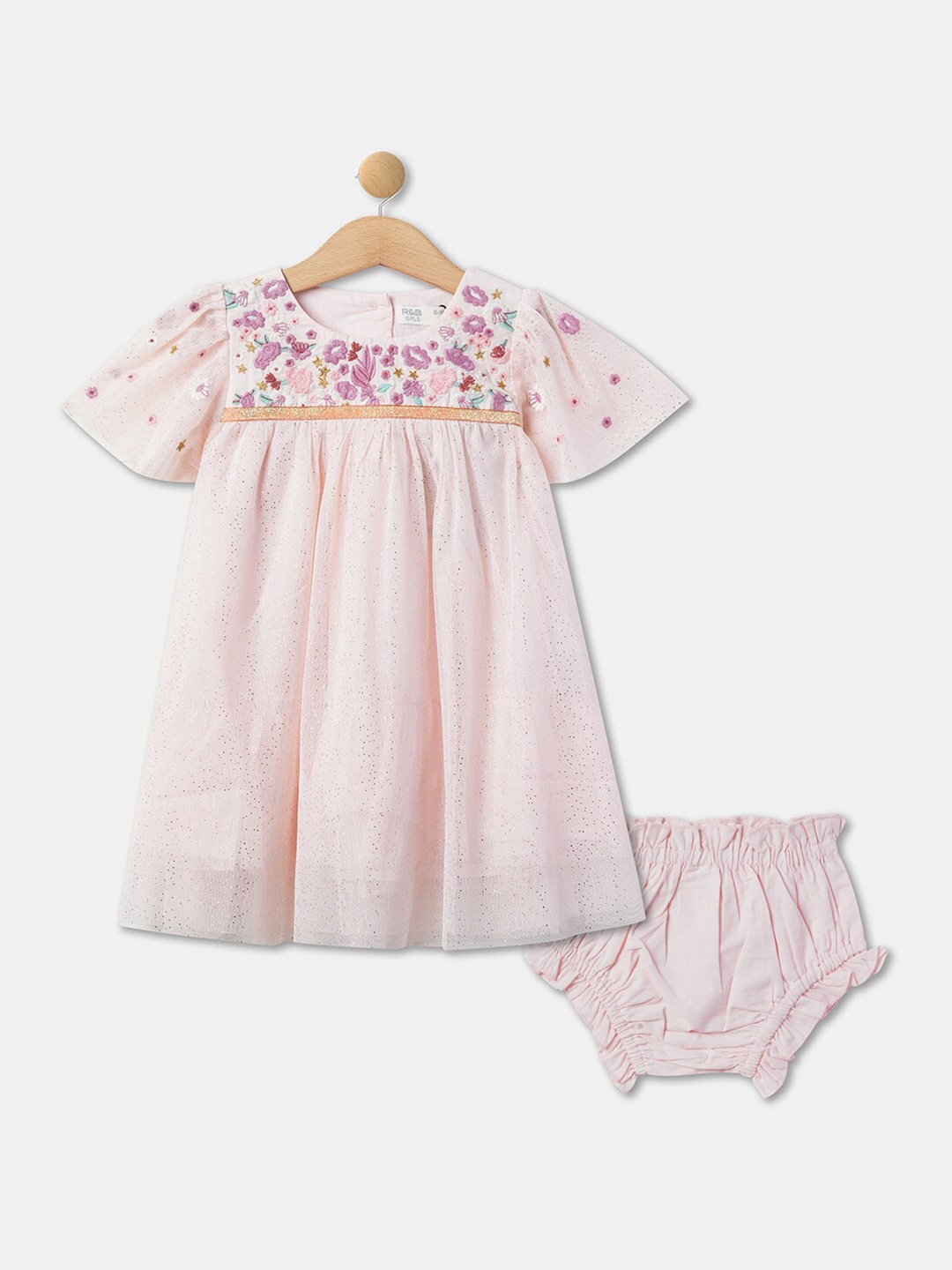 

R&B Floral Embroidered Net A-Line Dress, Pink