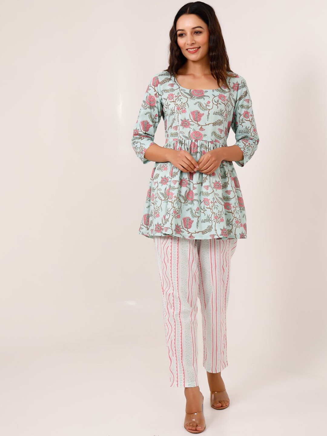 

PHEETA Printed Pure Cotton Top With Flared Trouser, Blue