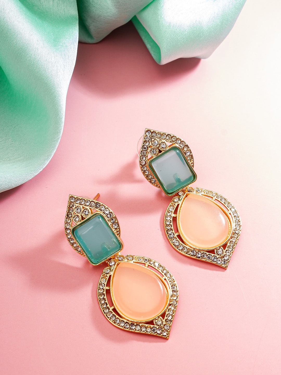 

aadita Gold-Plated Geometric Stone Studded Drop Earrings