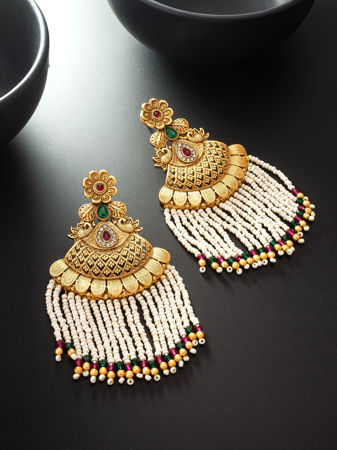 

aadita Gold-Plated Geometric Artificial Stone Studded & Beaded Drop Earrings