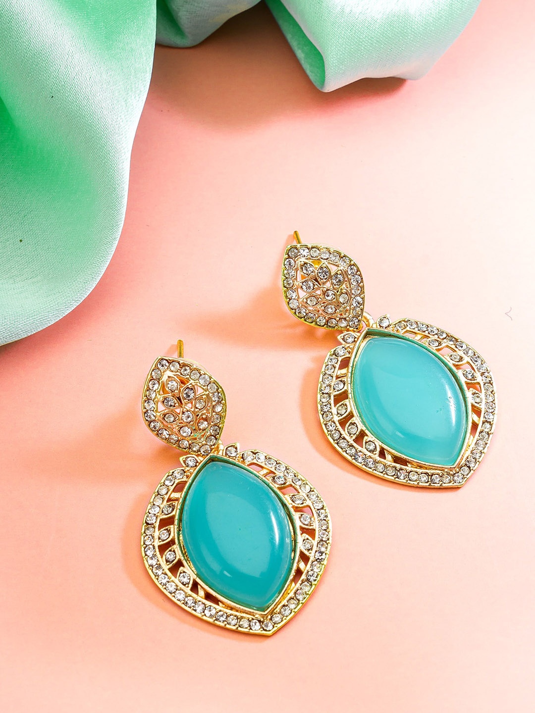 

aadita Gold Plated Geometric Stone Studded Drop Earrings