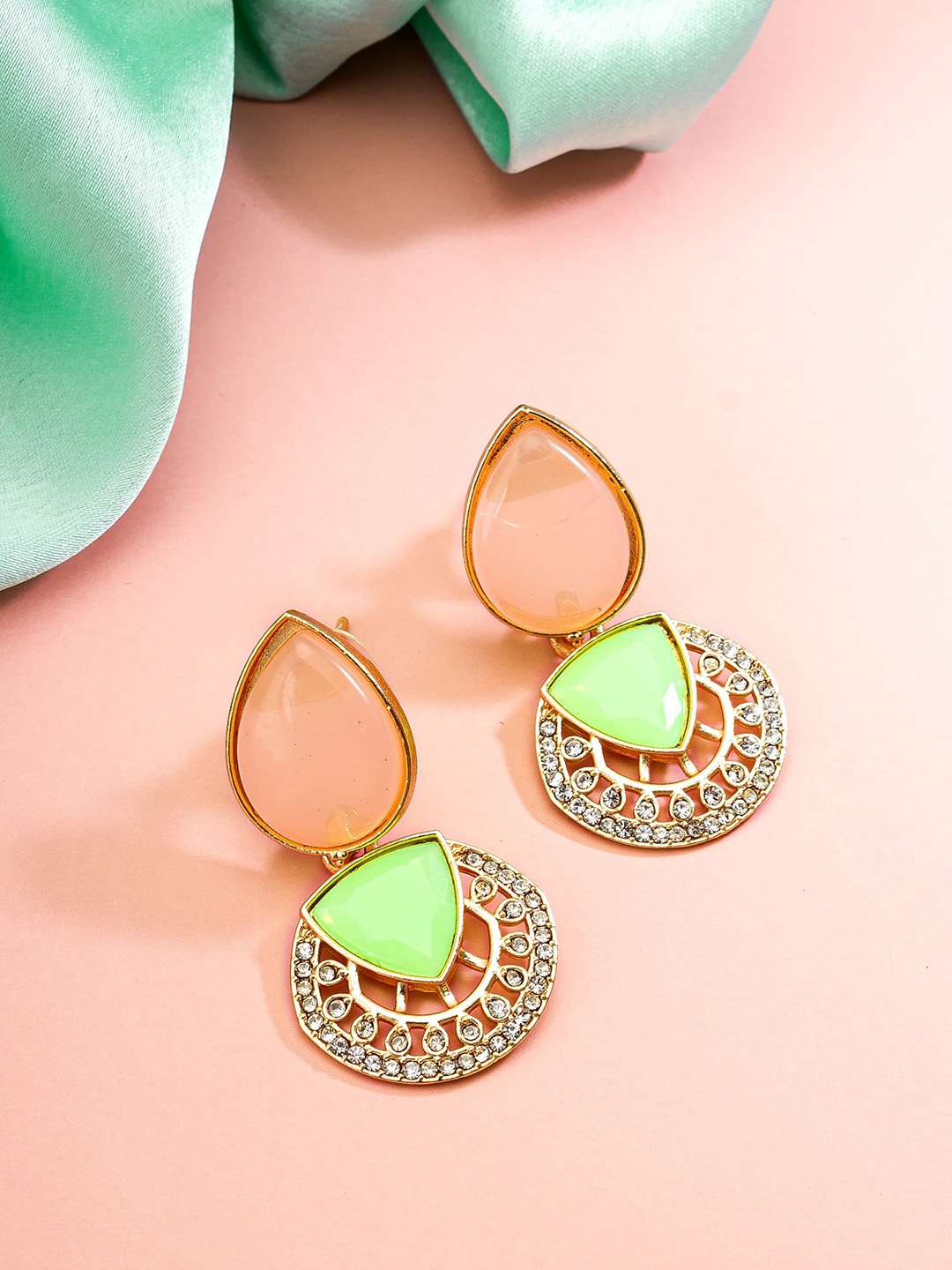 

aadita Gold-Plated Geometric Stone Studded Drop Earrings