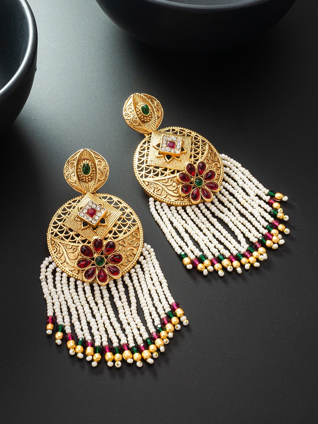 

aadita Gold-Plated Geometric Stone Studded & Beaded Drop Earrings