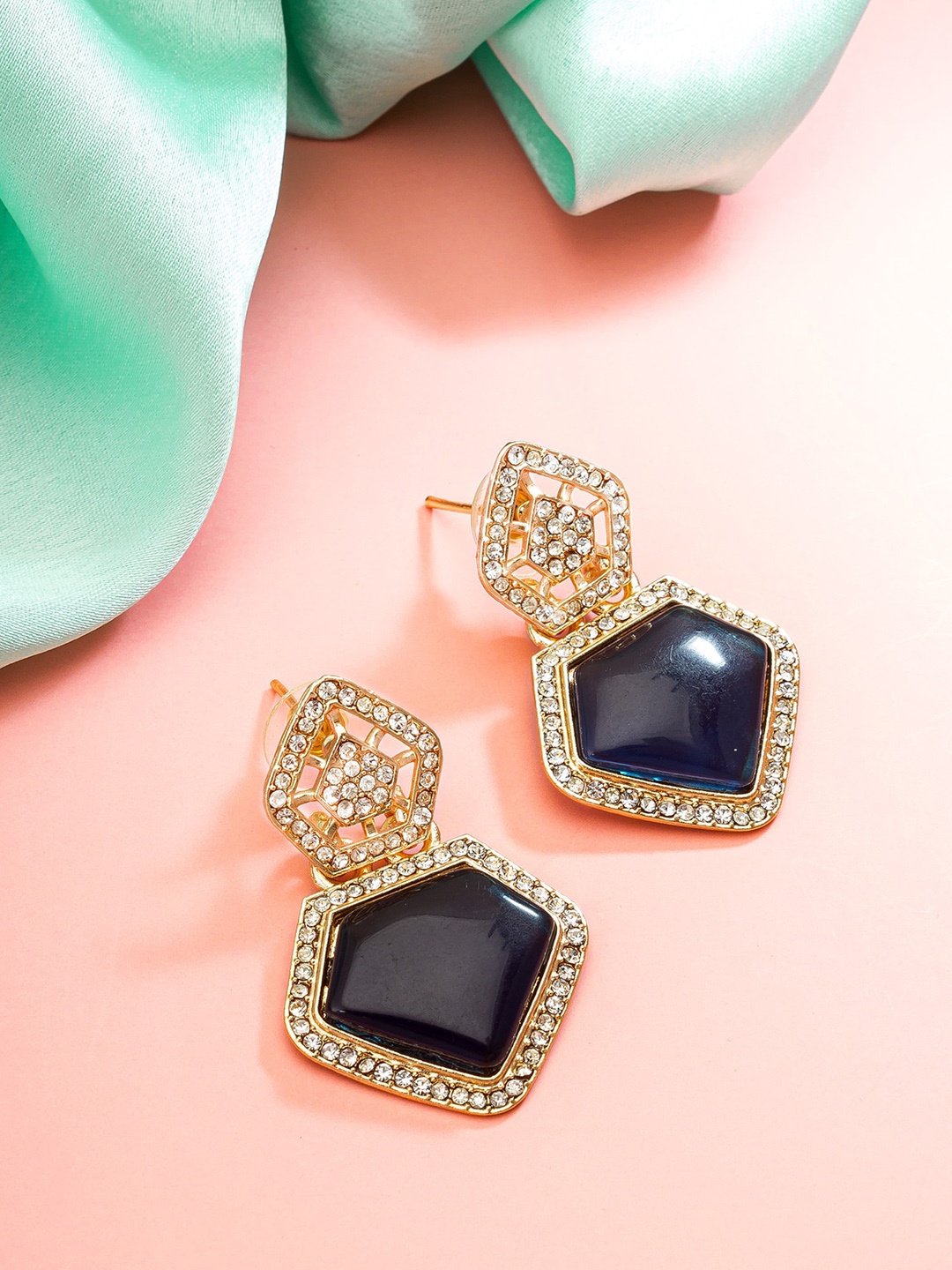 

aadita Gold-Plated Geometric Stone Studded Drop Earrings