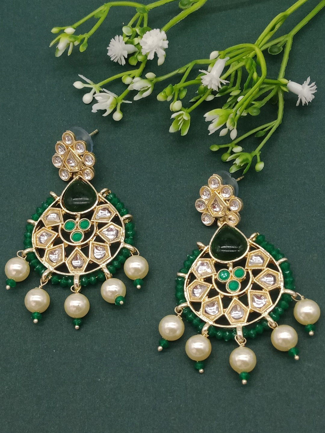 

AASHISH IMITATION Gold-Plated Contemporary Chandbalis Earrings, Green
