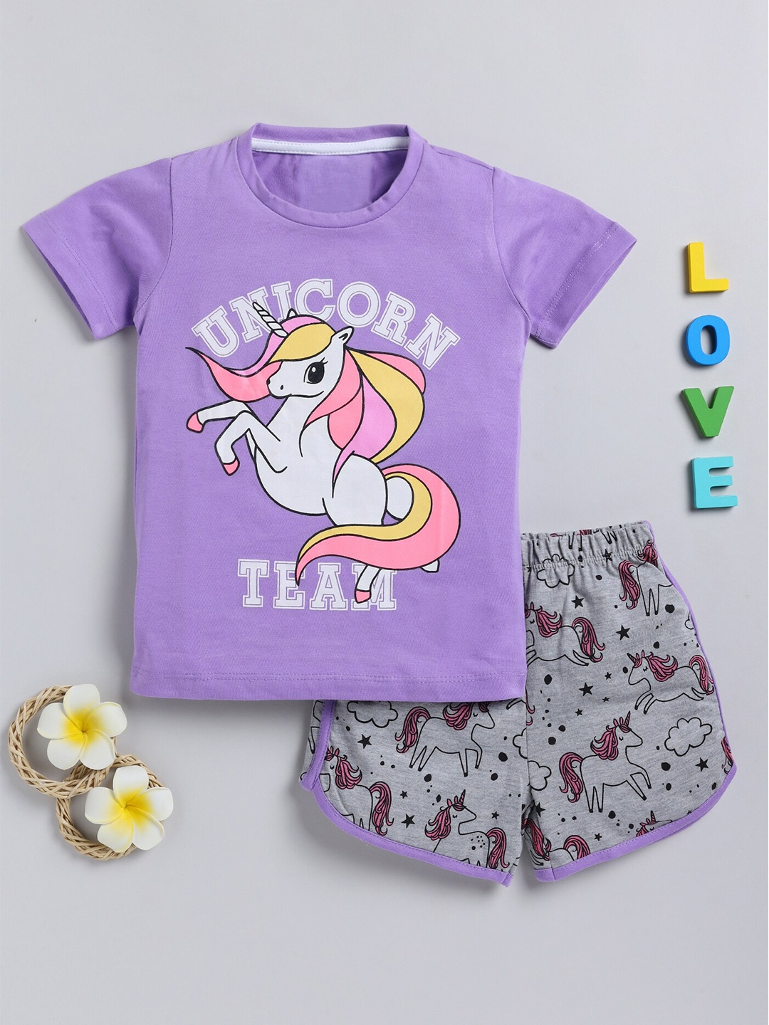 

YK Girls Printed T-shirt with Shorts, Purple