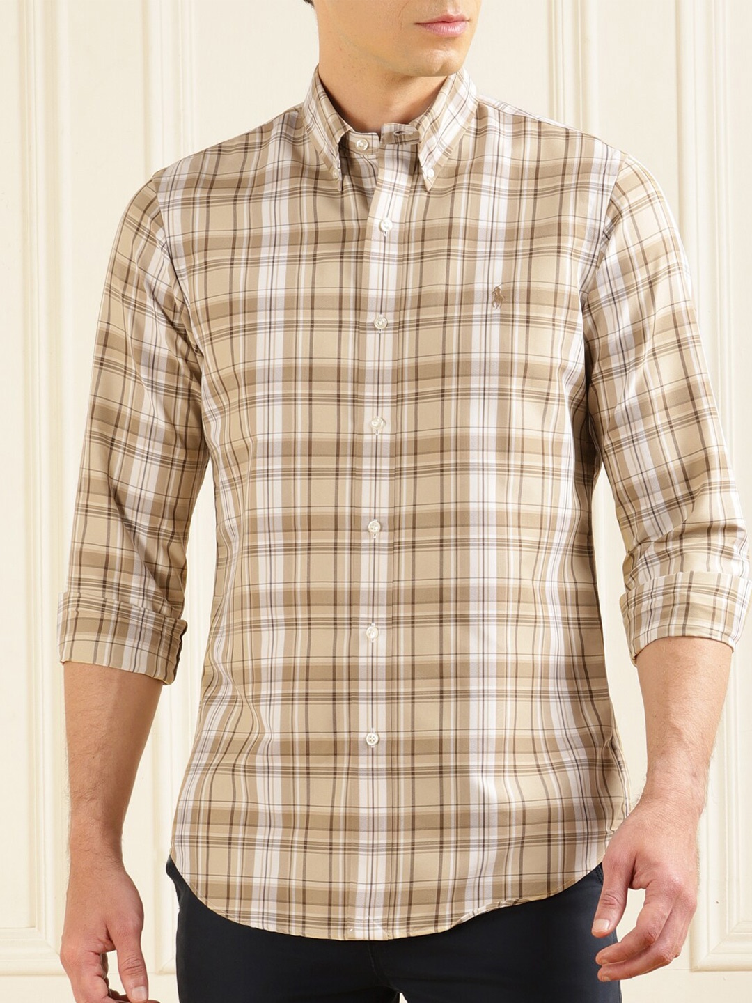 

Polo Ralph Lauren Button Down Collar Large Checks Slim-Fit Logo Shirt, Beige