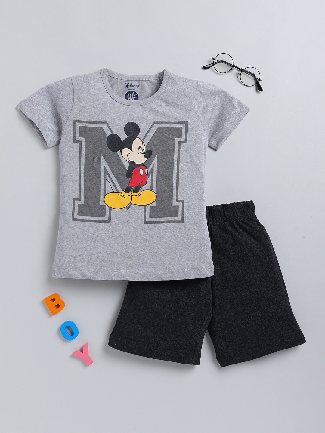 

YK Disney Boys Mickey Mouse Printed T-shirt With Shorts, Grey