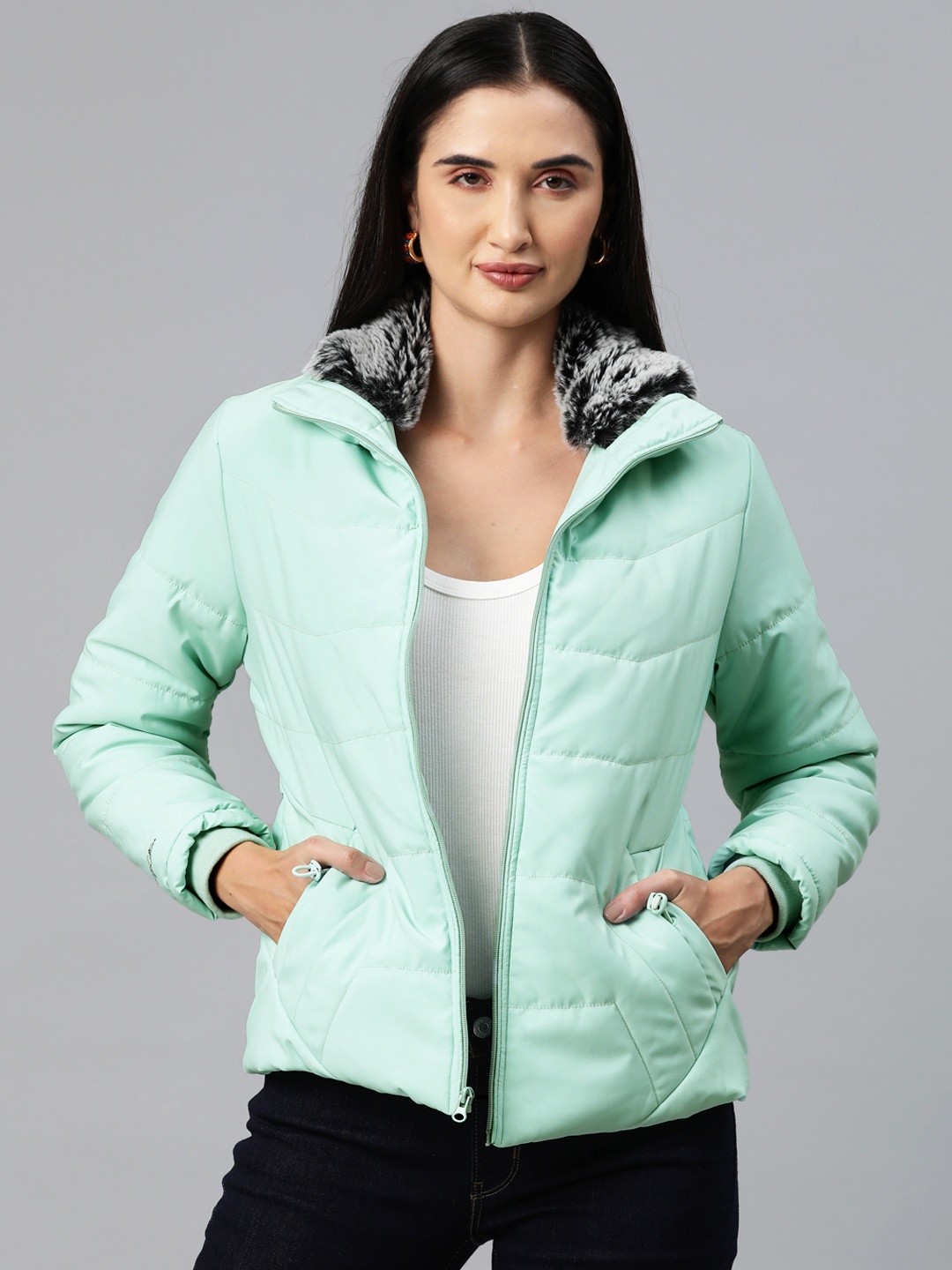 

Foreign Culture By Fort Collins Faux Fur Detail Padded Jacket, Sea green