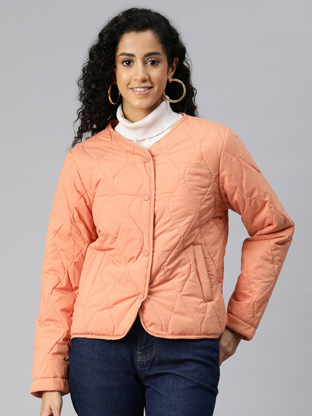

Foreign Culture By Fort Collins V-Neck Quilted Padded Jacket, Peach
