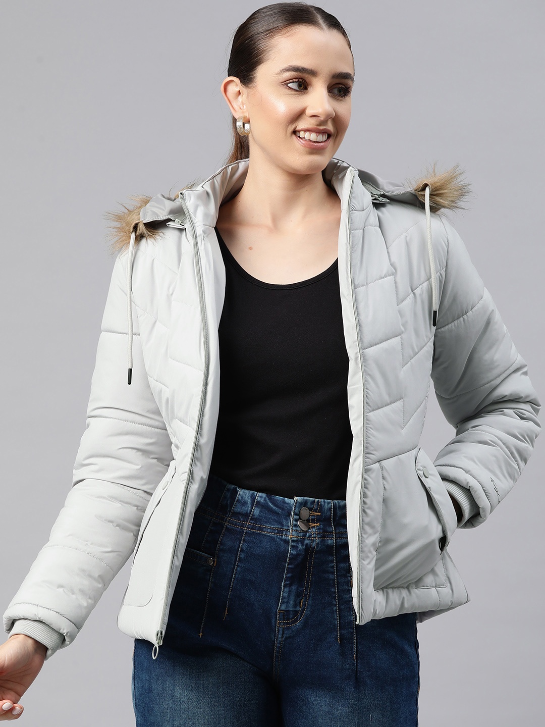 Foreign Culture By Fort Collins Detachable Hood Parka Jacket, Grey