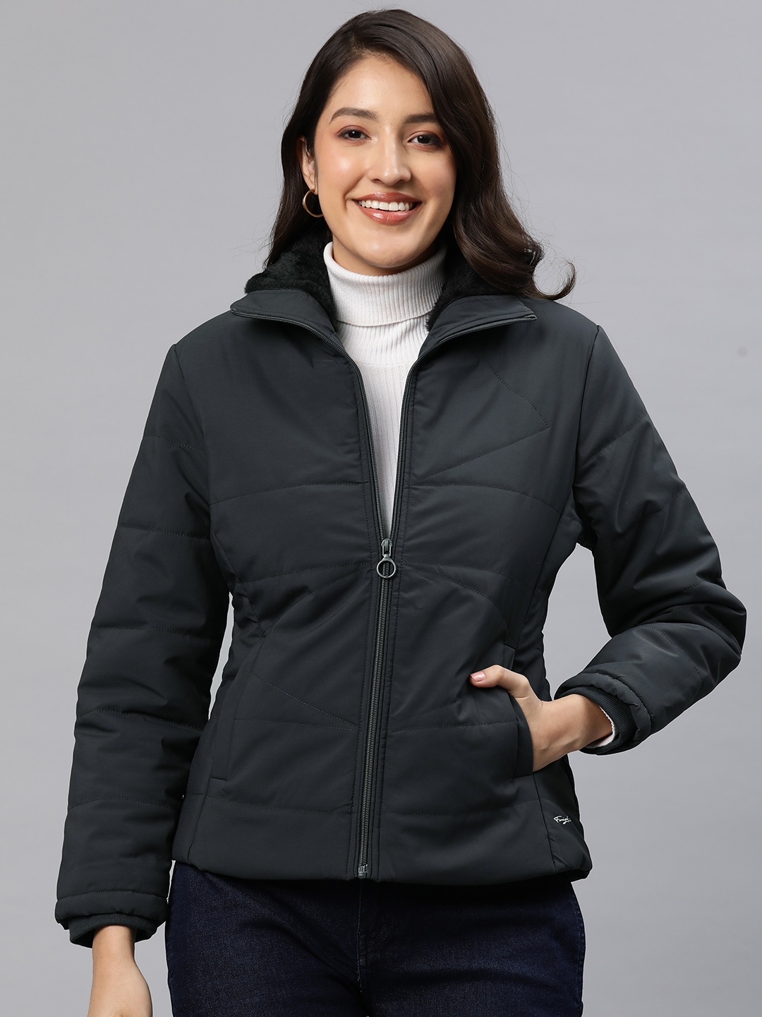 

Foreign Culture By Fort Collins Solid Faux Fur Detailed Padded Jacket, Charcoal