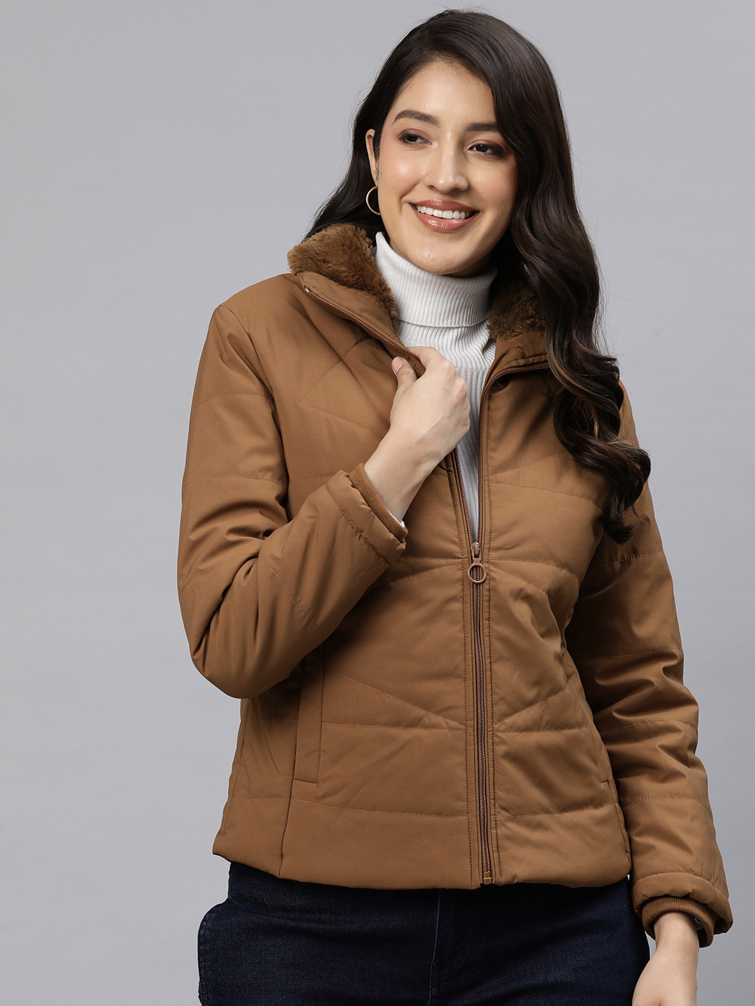 

Foreign Culture By Fort Collins Solid Faux Fur Detailed Padded Jacket, Brown