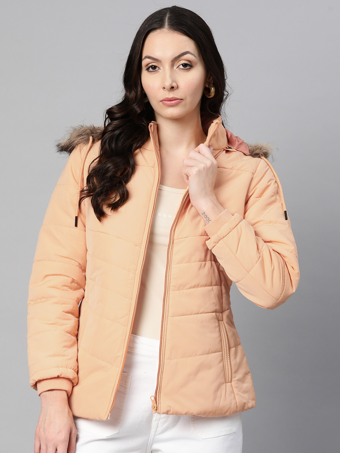 

Foreign Culture By Fort Collins Faux Fur Trim Padded Jacket, Peach