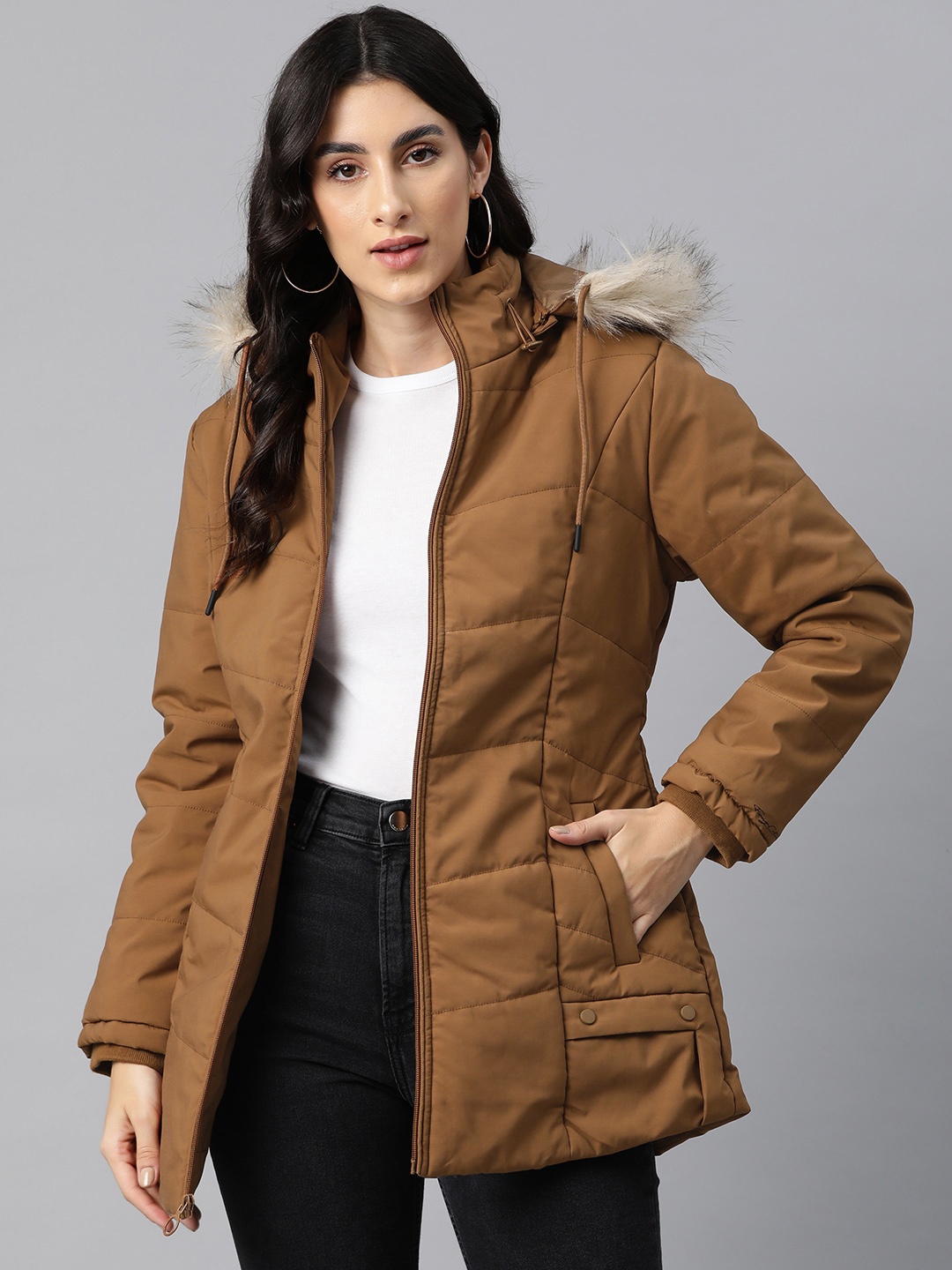 

Foreign Culture By Fort Collins Women Insulator Longline Padded Jacket, Camel brown