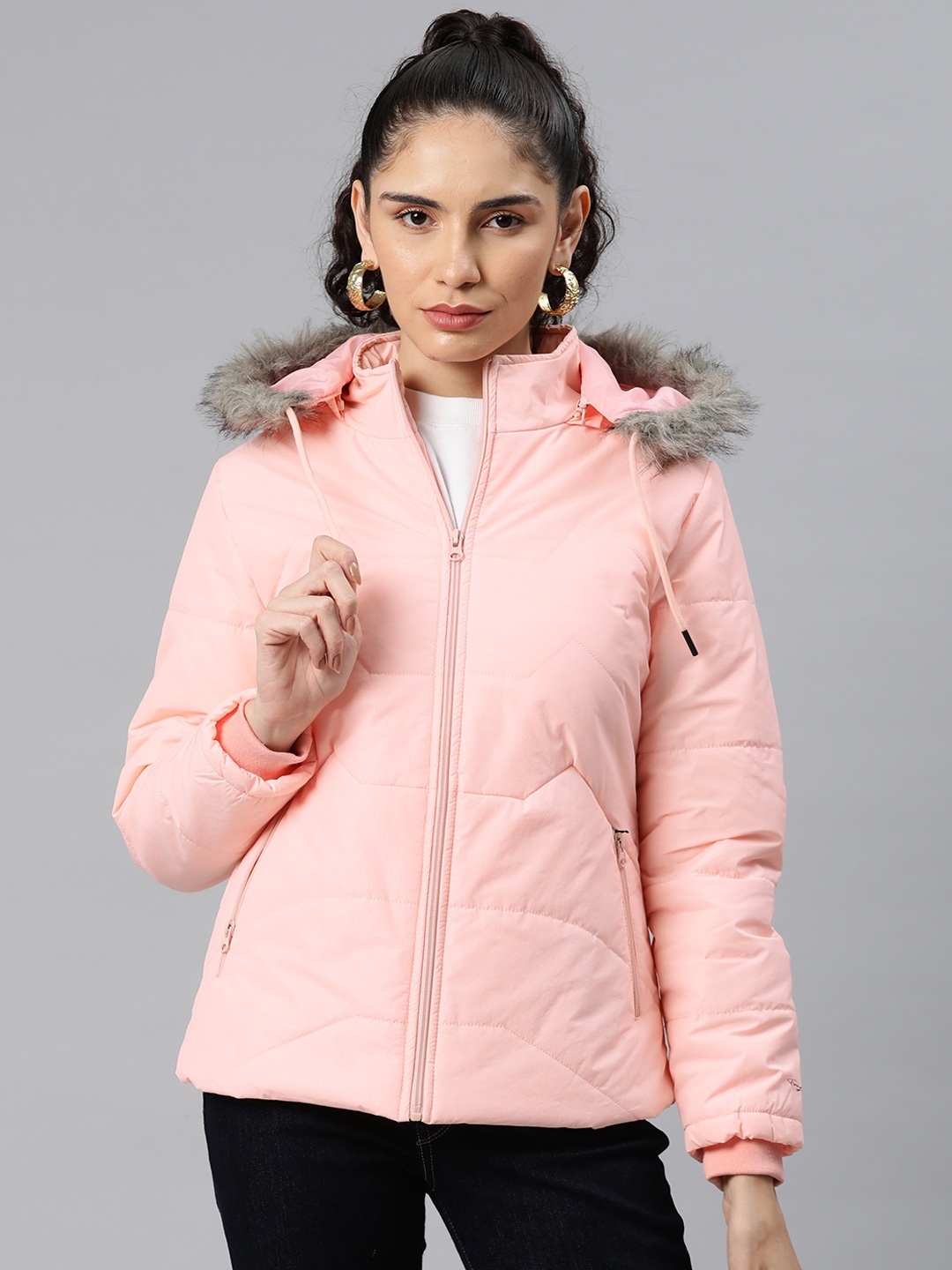 

Foreign Culture By Fort Collins Faux Fur Trim Padded Parka Jacket, Peach