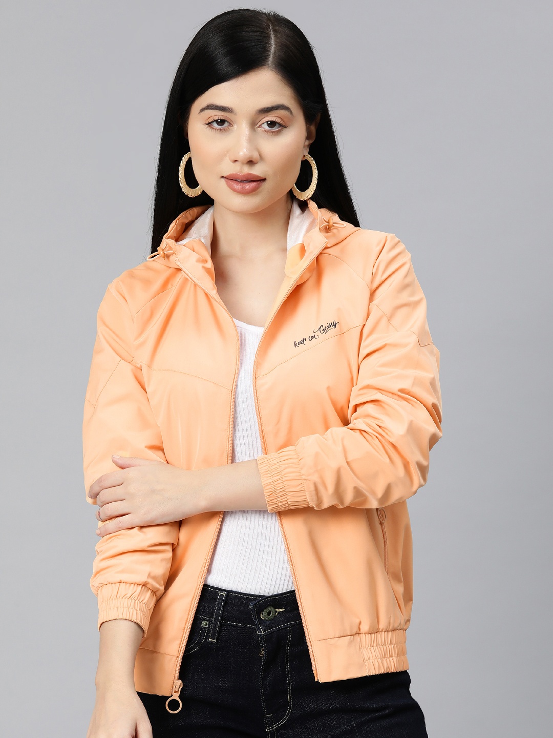 

Foreign Culture By Fort Collins Women Solid Windcheater Hooded Bomber Jacket, Peach