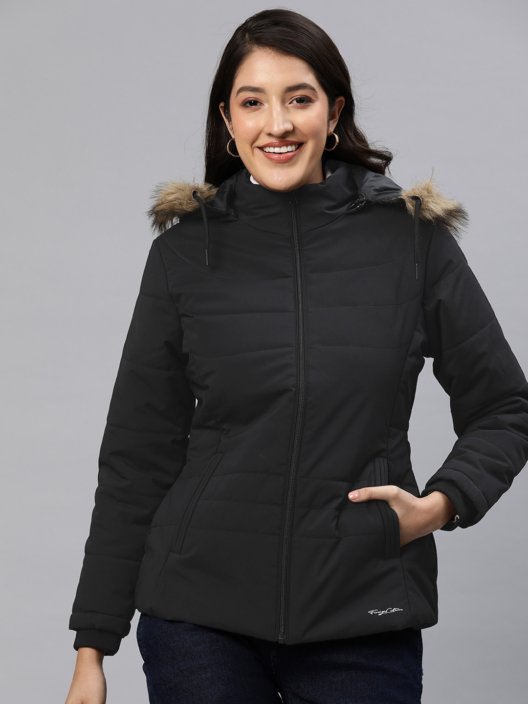 

Foreign Culture By Fort Collins Solid Detachable Hood Parka Jacket, Black