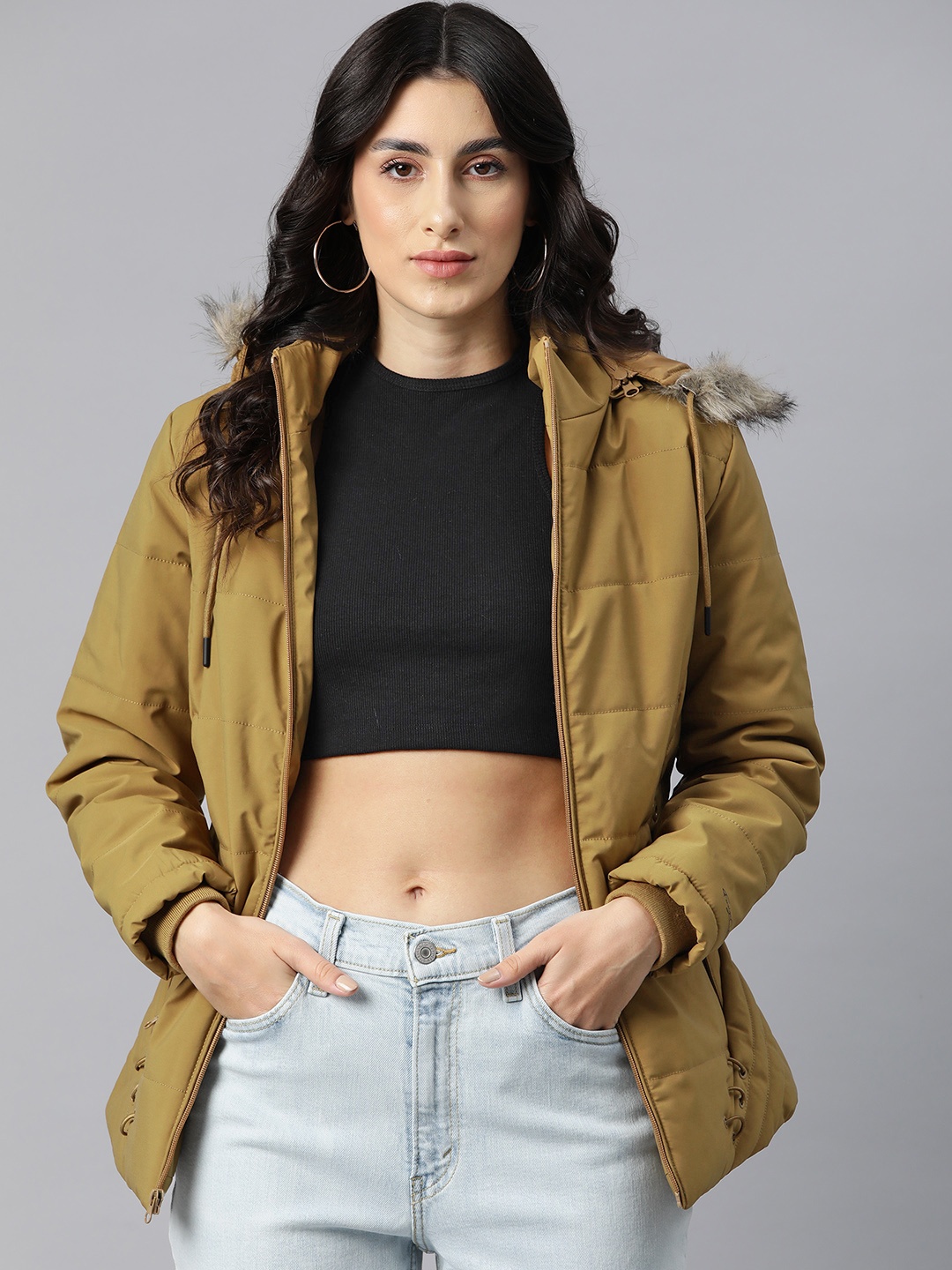 

Foreign Culture By Fort Collins Women Solid Hooded Bomber Jacket, Khaki