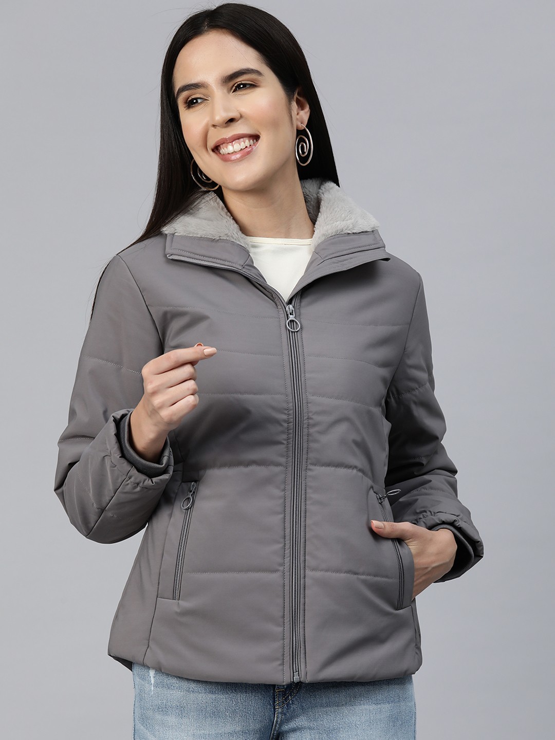 

Foreign Culture By Fort Collins Stand Collar Padded Jacket, Grey