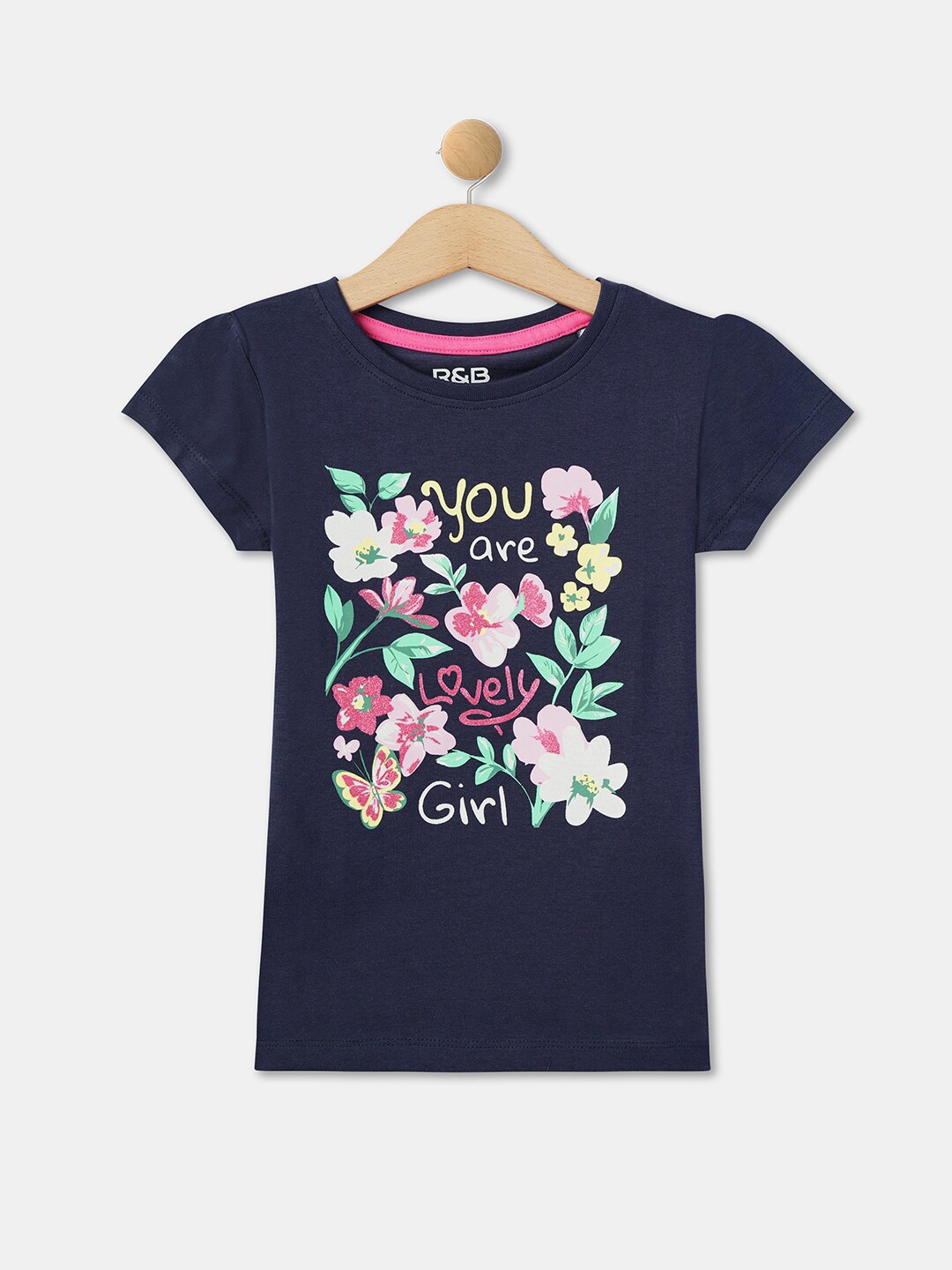 

R&B Girls Floral Printed Cotton T-shirt, Blue