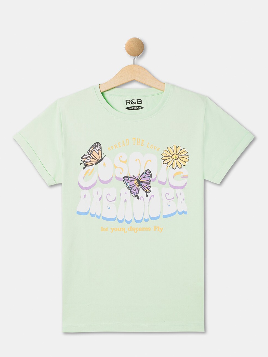

R&B Girls Graphic Printed Round Neck Cotton T-Shirt, Green