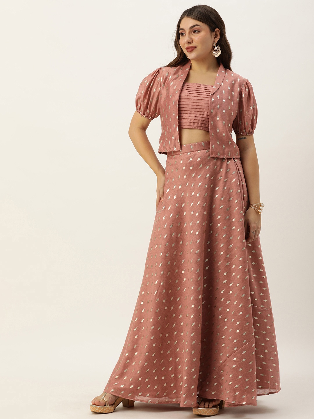 

Ethnovog Woven Design Ready to Wear Lehenga & Blouse with Jacket, Peach
