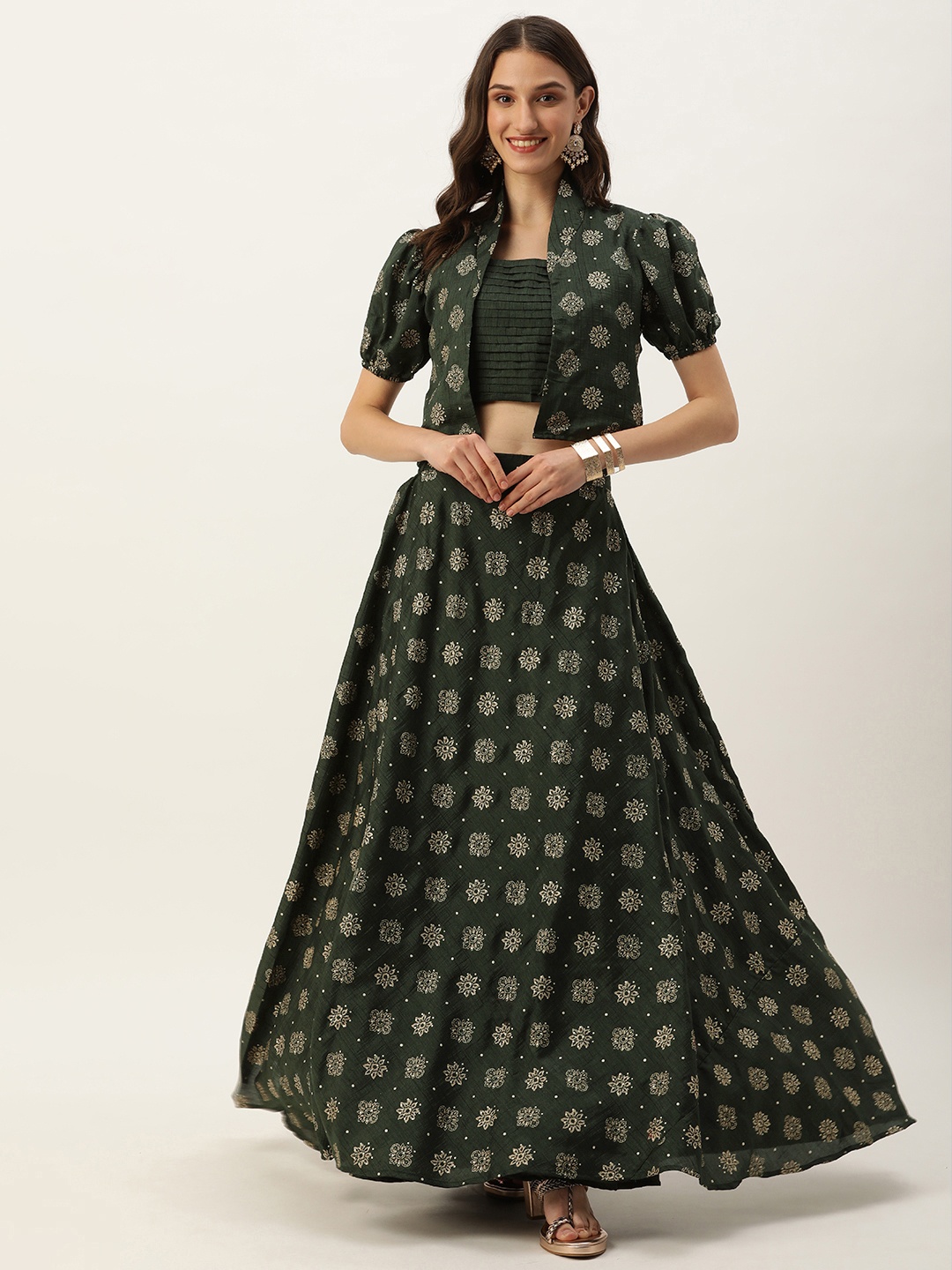 

Ethnovog Woven Design Ready to Wear Lehenga & Blouse with Jacket, Green