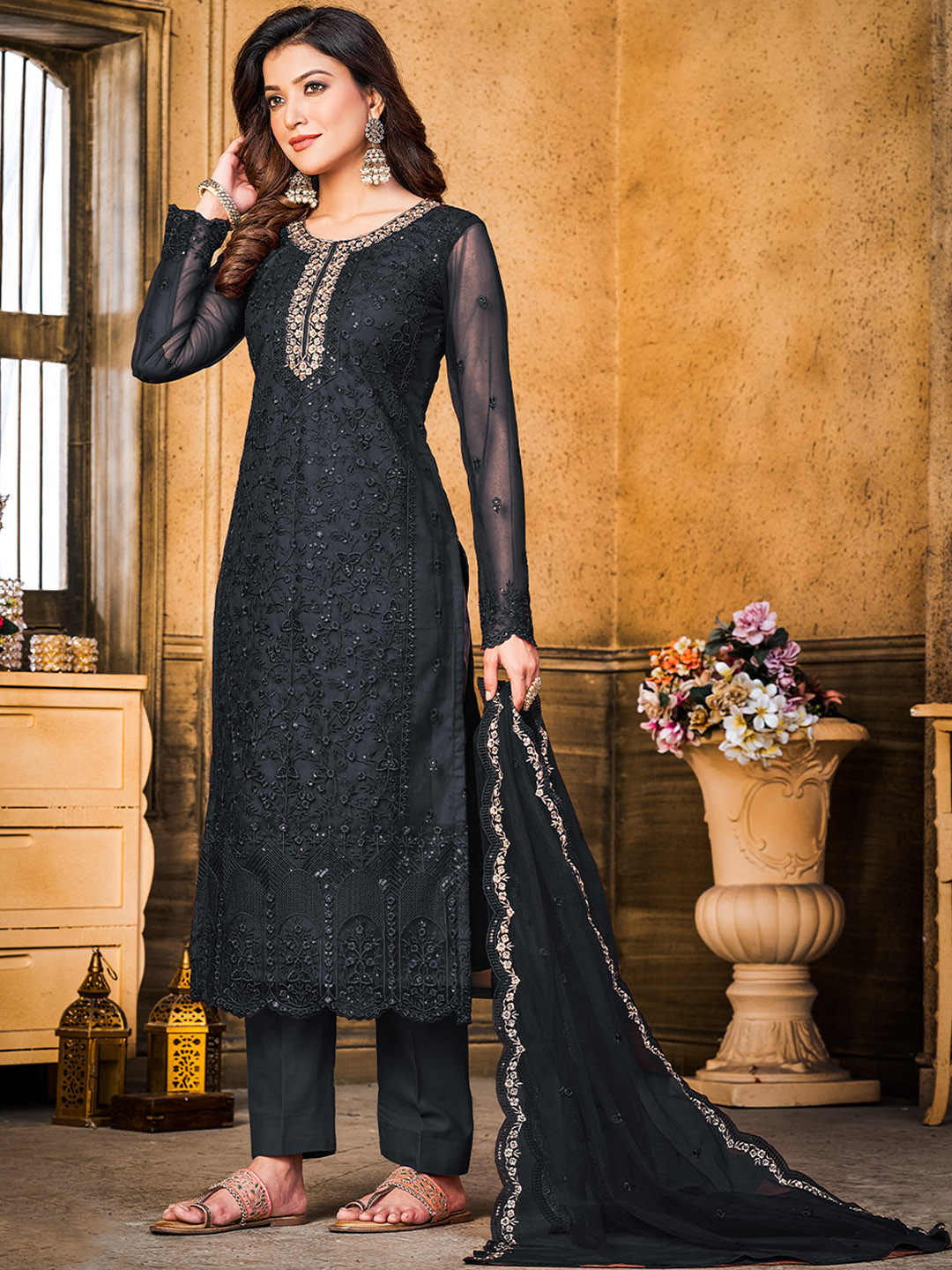 

ODETTE Floral Embroidered Sequinned Regular Semi Stitched Kurta with Trousers & Dupatta, Black