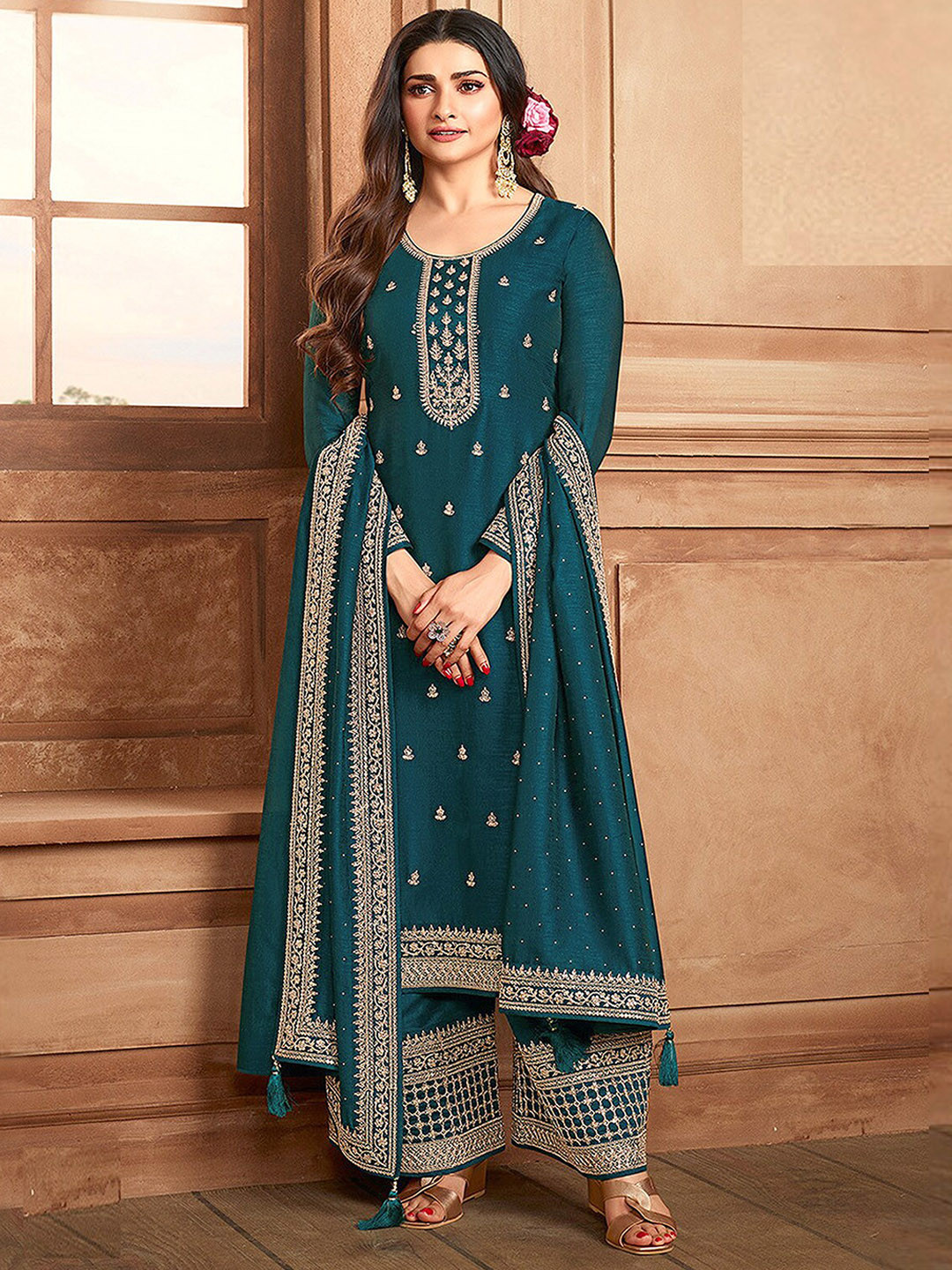 

ODETTE Ethnic Motifs Embroidered Thread Work Semi Stitched Kurta with Palazzos & Dupatta, Teal