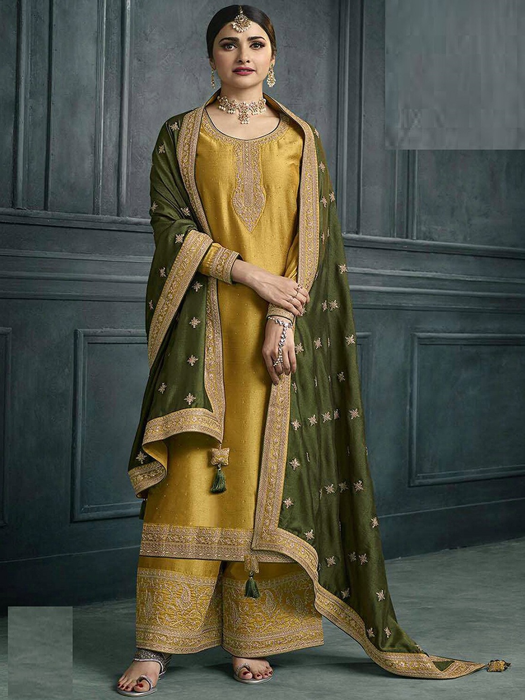 

ODETTE Women Mustard Yellow Embroidered Regular Thread Work Silk Georgette Kurta with Palazzos & With Dupatta