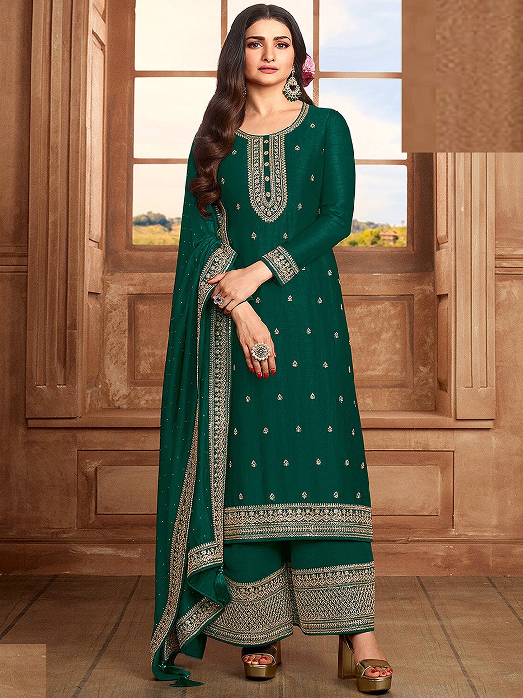 

ODETTE Ethnic Motifs Embroidered Thread Work Semi Stitched Kurta with Palazzos & Dupatta, Green