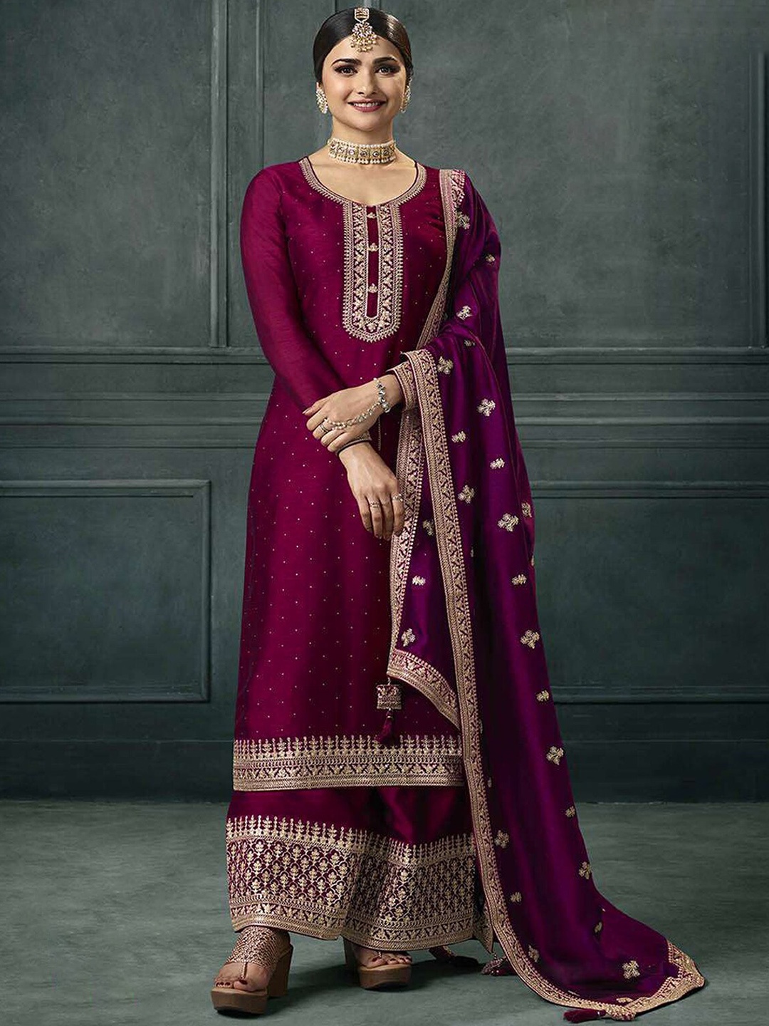 

ODETTE Women Magenta Ethnic Motifs Embroidered Regular Silk Georgette Kurta with Palazzos & With Dupatta