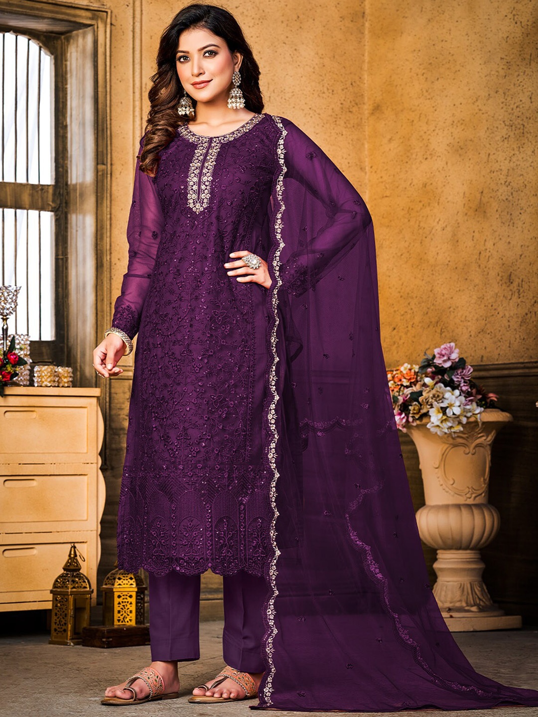 

ODETTE Embroidered Semi Stitched Dress Material, Purple