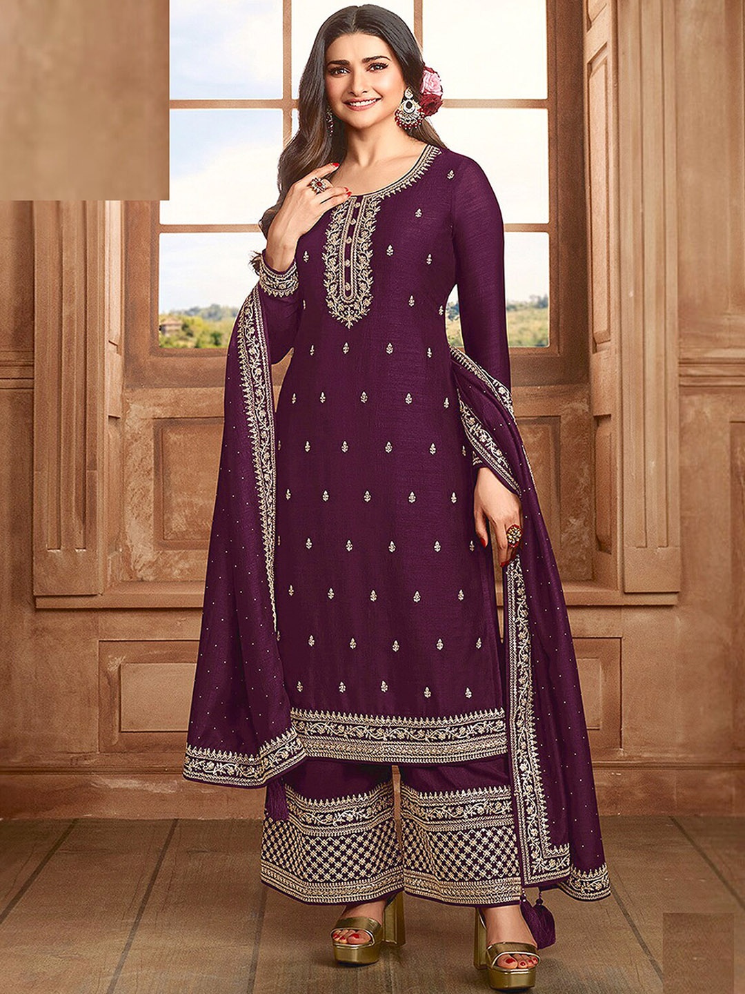 

ODETTE Purple Embroidered Silk Georgette Semi-Stitched Dress Material